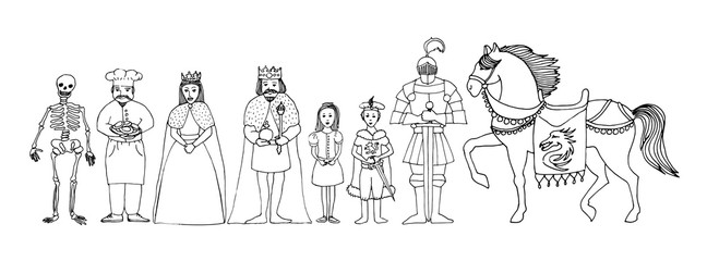 Children's fairytale set of royal family - king, queen, princess, prince, knight, cook, skeleton and horse, vector hand drawn illustration, cartoon ink outline