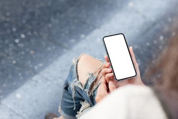 Mockup image blank white screen cell phone.man hand holding texting using mobile.background empty space for advertise text.people contact marketing business,technology 