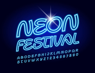 Naklejka premium Vector bright neon logo Neon Festival with glowing Alphabet Letters and Numbers. Blue illuminated Font.