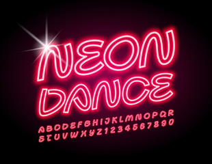 Vector bright logo Neon Dance. Illuminated stylish Font. Glowing Alphabet Letters and Numbers. 