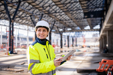 A woman engineer with tablet standing on construction site, working.