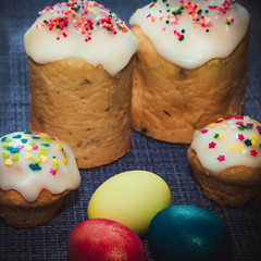 Easter composition on a dark blue background.