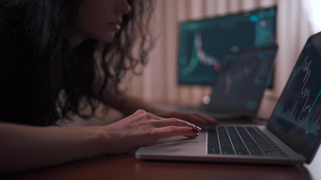young female trader with laptop and screen looking at stock charts