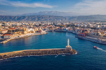 Picturesque old port of Chania. Landmarks of Crete island. Greece. Aerial view of the beautiful...