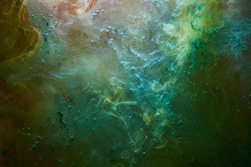 Fototapeta na wymiar Green blue abstract exoplanet outer space vibrant sea. Waves, splashes and drops of water paint. Mysterious esoteric depths of the galactic ocean