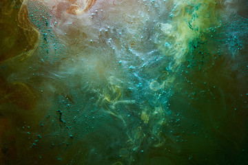 Green blue abstract exoplanet outer space vibrant sea. Waves, splashes and drops of water paint. Mysterious esoteric depths of the galactic ocean