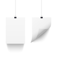 White paper sheets hanging on paper clips isolated on white background. Vector A4 vertical design elements.