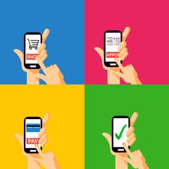 sets of hand holding mobile phone, tapping or touching on screen button to pay, apply, enrollment and done symbols sign. vector illustration.