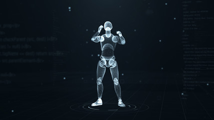 Human puppet talking on the phone in virtual 3d digital space with futuristic white hud. X-ray scan. Front view.