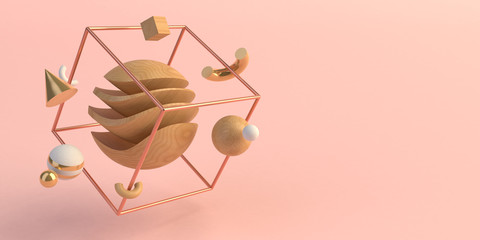 3d render, abstract background, geometric primitive shapes on pink background