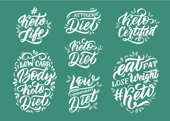 Fototapeta premium Hand drawn logo set. Phrases for ketogenic diet.