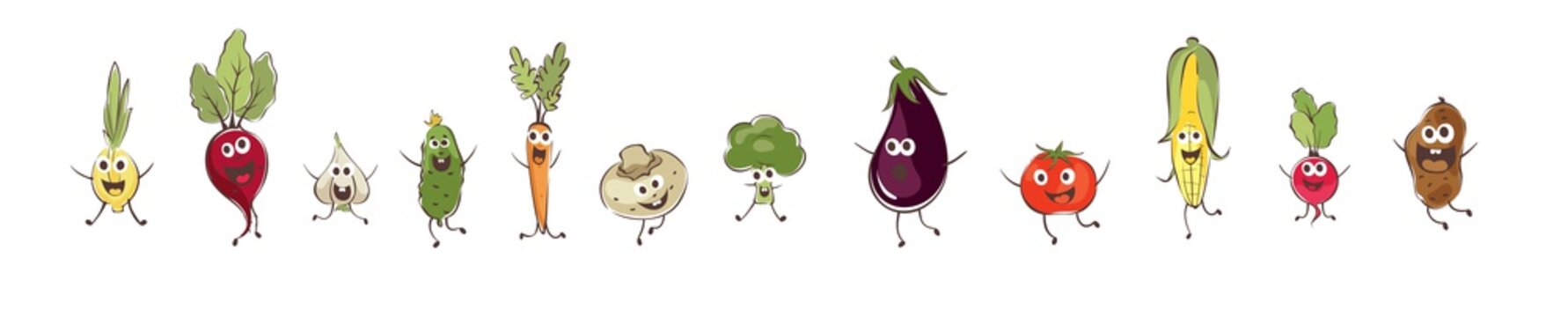 Funny cartoon vegetables. Set vector illustrations with different comic vegetables