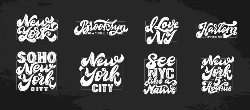 Set of New York hand drawn lettering. White phrases for city.