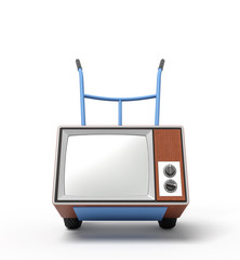 3d rendering of blue hand truck standing in half-turn with brown retro TV set on it.