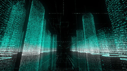 Flying through beautiful digital model of abstract modern city made of symbols and grids in azure and white color on black background. Business, connections and digital technology concept. 3d