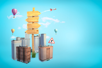 3d rendering of huge wooden road sign rising among small modern city buildings on blue background with copy space.