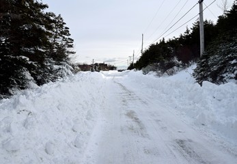 snow covered  road after snow plow has passed in an rural area