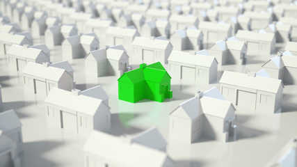 Green and white house, Hunting, searching and choosing new house minimal concept. 3D Rendering