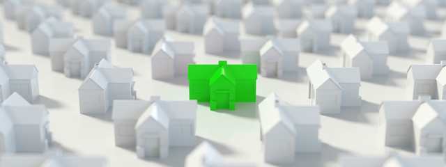 Green and white house, Hunting, searching and choosing new house minimal concept. Panoramic banner, 3D Rendering