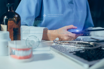 Doctor using digital laptop against dental equipment with medical network icon connection on modern virtual screen interface, medical technology networking concept.