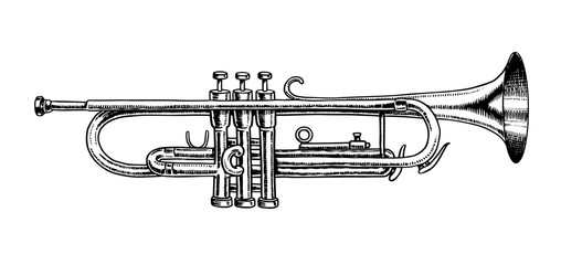 Jazz instrument trumpet. Vector illustration classical wind musical apparatus in doodle outline style. Hand drawn monochrome engraved sketch for vintage logo, retro emblem or poster. © artbalitskiy