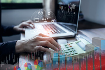 Business documents on office table with smart phone and digital tablet and graph finance with social network diagram.