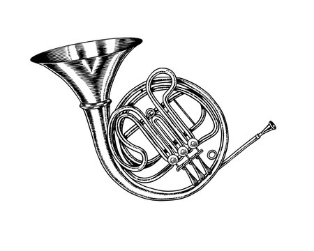 Jazz French horn in monochrome engraved vintage style. Hand drawn trumpet sketch for blues and ragtime festival poster. Musical classical wind instrument. 