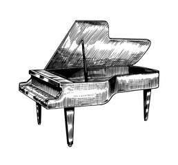Grand piano in monochrome engraved vintage style. Hand drawn sketch. Musical jazz classical keyboard instrument.  © artbalitskiy