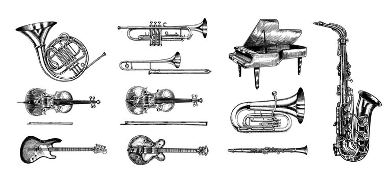 Jazz classical wind instruments set. Musical Trombone Trumpet Flute Bass guitar Semi-acoustic French horn Saxophone Cello Tuba Violin Piano. Hand drawn monochrome engraved vintage sketch.
