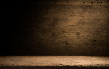 wood brown grain texture, dark wall background, top view of wooden table