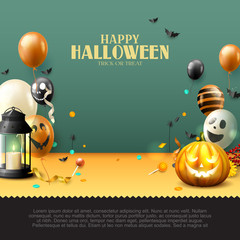 Luxury Halloween greeting card with balloons, pupkin, lantern