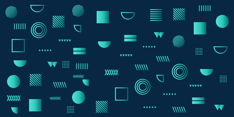 Fototapeta premium Memphis Simple Blue Tosca Abstract Circle Line Rectangle Box Arrow Cross Mountain River Pie Egypt Basic Shape Background For shirt
