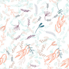 Trendy outline native foliage and leaves seamless pattern. Small and medium elements paradise flora leaves.Vector illustration.