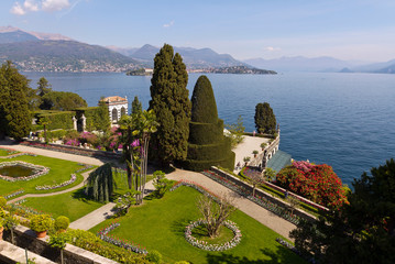 Blooming gardens of Isola Bella and view of Lake Maggiore