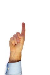 right hand of a man in light blue business shirt with streched out forefinger pointing at something, white background, copy space