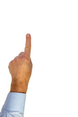 left hand of a man in light blue business shirt with streched out forefinger pointing at something, white background, copy space