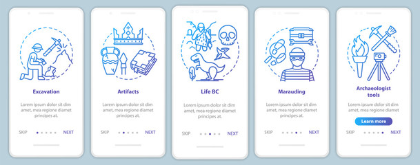 Archeology onboarding mobile app page screen vector template. Excavating and preserving artifacts. Walkthrough website steps with linear illustrations. UX, UI, GUI smartphone interface concept