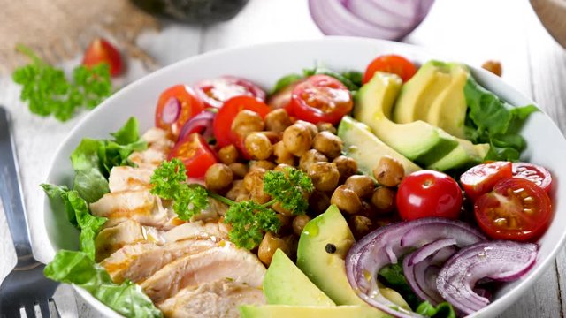 vegetable salad, buddha bowl with chicken fillet