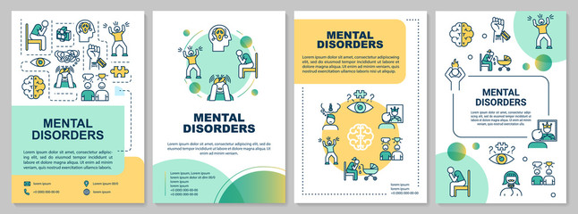 Mental disorders brochure template. Psychological diseases. Psychiatric problems. Flyer, booklet, leaflet print, cover design with linear icons. Vector layouts for magazines, advertising posters - obrazy, fototapety, plakaty
