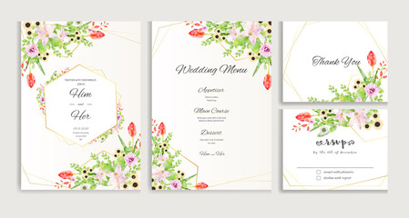 Elegant wedding invitation with watercolour flowers and green leaves design. Template set vector image.