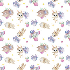 Easter seamless pattern design with bunnies Cute watercolor colorful illustration with blue flowers and bunny on white background. Baby nursery clip art
