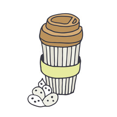 Plastic cup of coffee and dessert, vector drawing isolated on white background