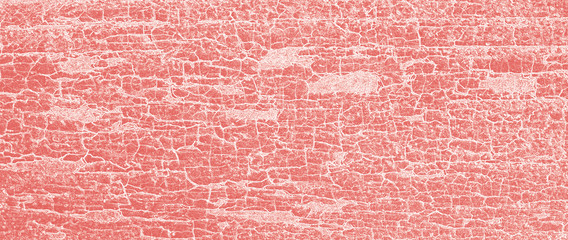 Close-up illustration of wood grunge board with pattern of peeling light red paint. Old cracked pink plaster on wall, timber. Abstract background of painted wooden fence. Vintage backdrop for banner