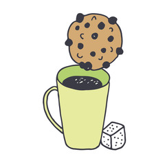 Cup of black coffee and cookie with sugar, vector drawing isolated on white background