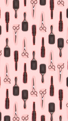 Flat lay composition with hairdresser set on pink background. Barber set with tools and equipment: scissors, combs and hairclips. Hairdresser and beauty salon service. Seamless pattern