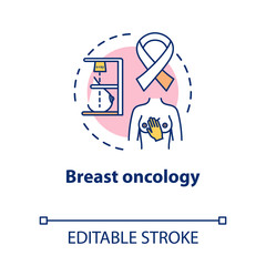 Breast oncology concept icon. Cancer diagnosis, treatment, awareness ribbon. Female disease. Women health idea thin line illustration. Vector isolated outline RGB color drawing. Editable stroke