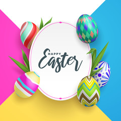 Cute Easter greeting frame with abstract colorful painted eggs vector background illustration