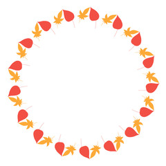Round frame with vertical red and orange leaves on white background. Isolated wreath for your design.