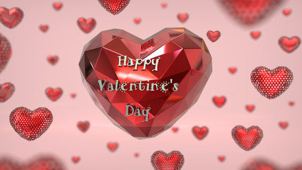 Happy valentine's day text chromium material on  metalic hero heart in middle frame have small heart around with 3d rendering.