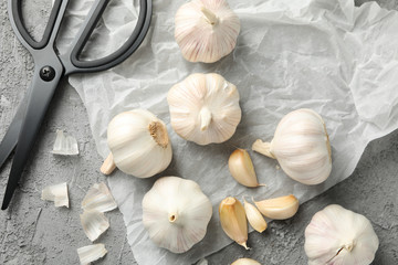 Garlic bulbs, slices, scissors, rosemary on grey background, closeup. Top view